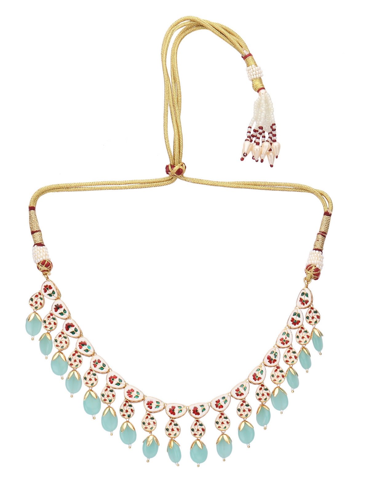 Kundan Choker Necklace Set with Aqua Blue Beads For Girls - Auraa Trends - choker - Choker choker set for women Choker sets