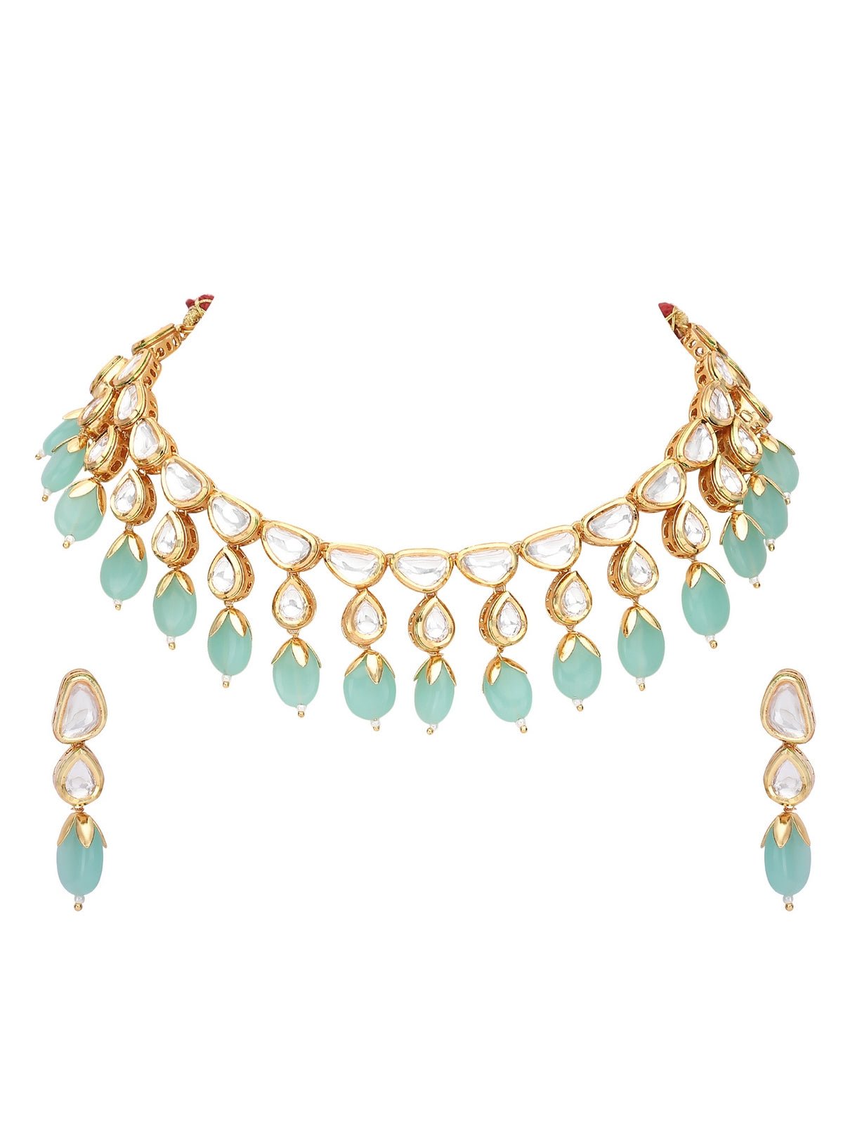 Kundan Choker Necklace Set with Aqua Blue Beads For Girls - Auraa Trends - choker - Choker choker set for women Choker sets