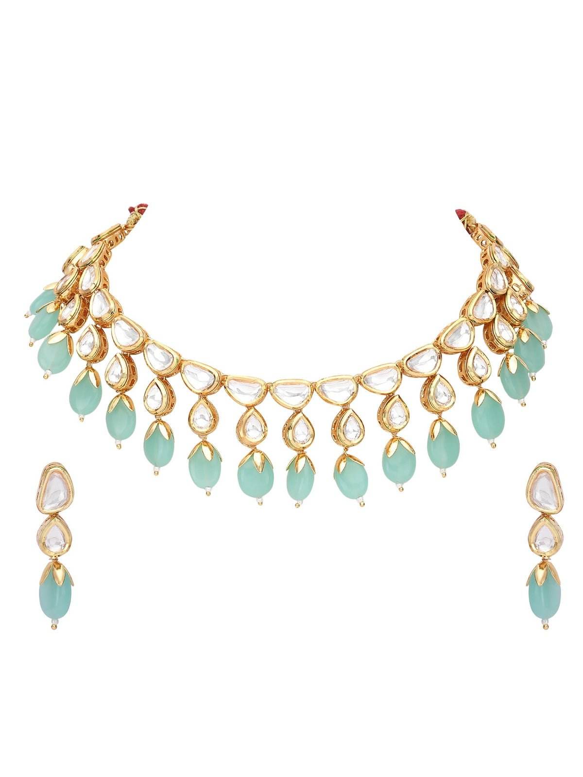 Kundan Choker Necklace Set with Aqua Blue Beads For Girls - Auraa Trends