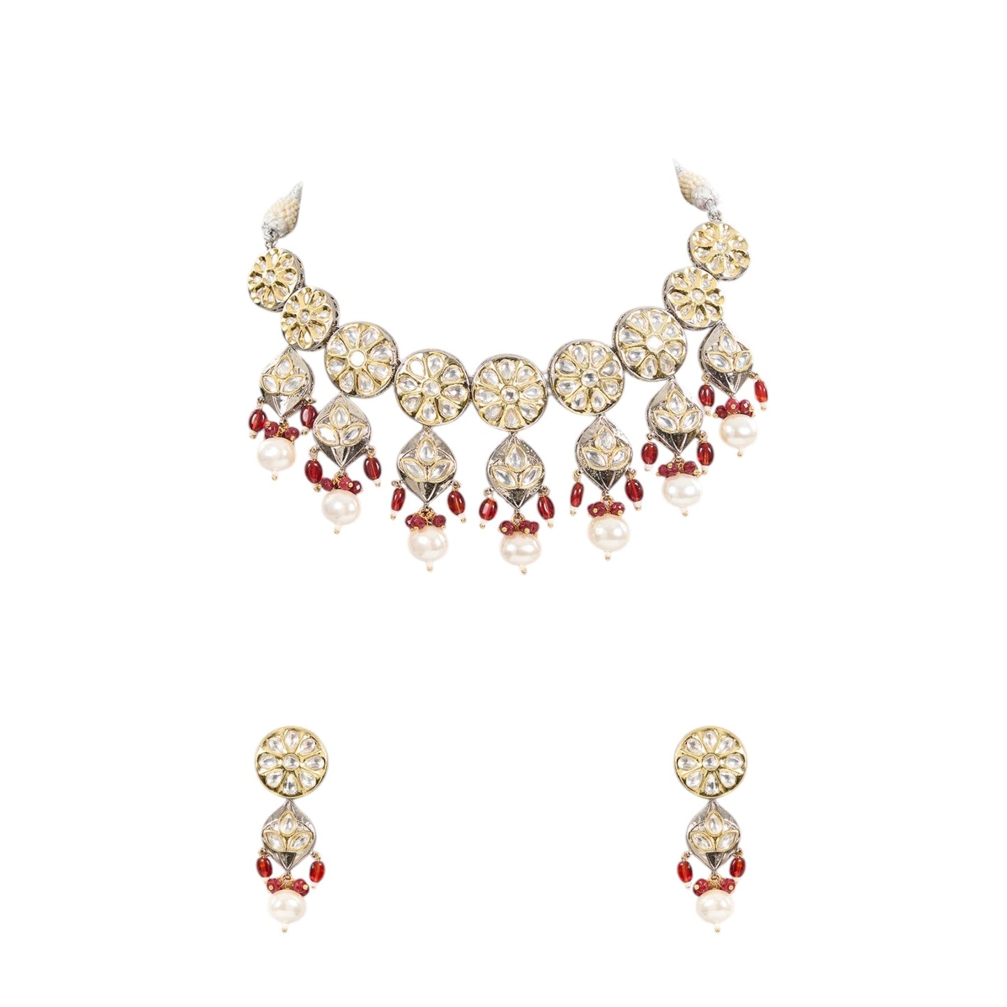 Kundan choker neckpiece in pearl and ruby beads - Auraa Trends - Choker - # - Auraa Trends - Kundan choker neckpiece in pearl and ruby beads