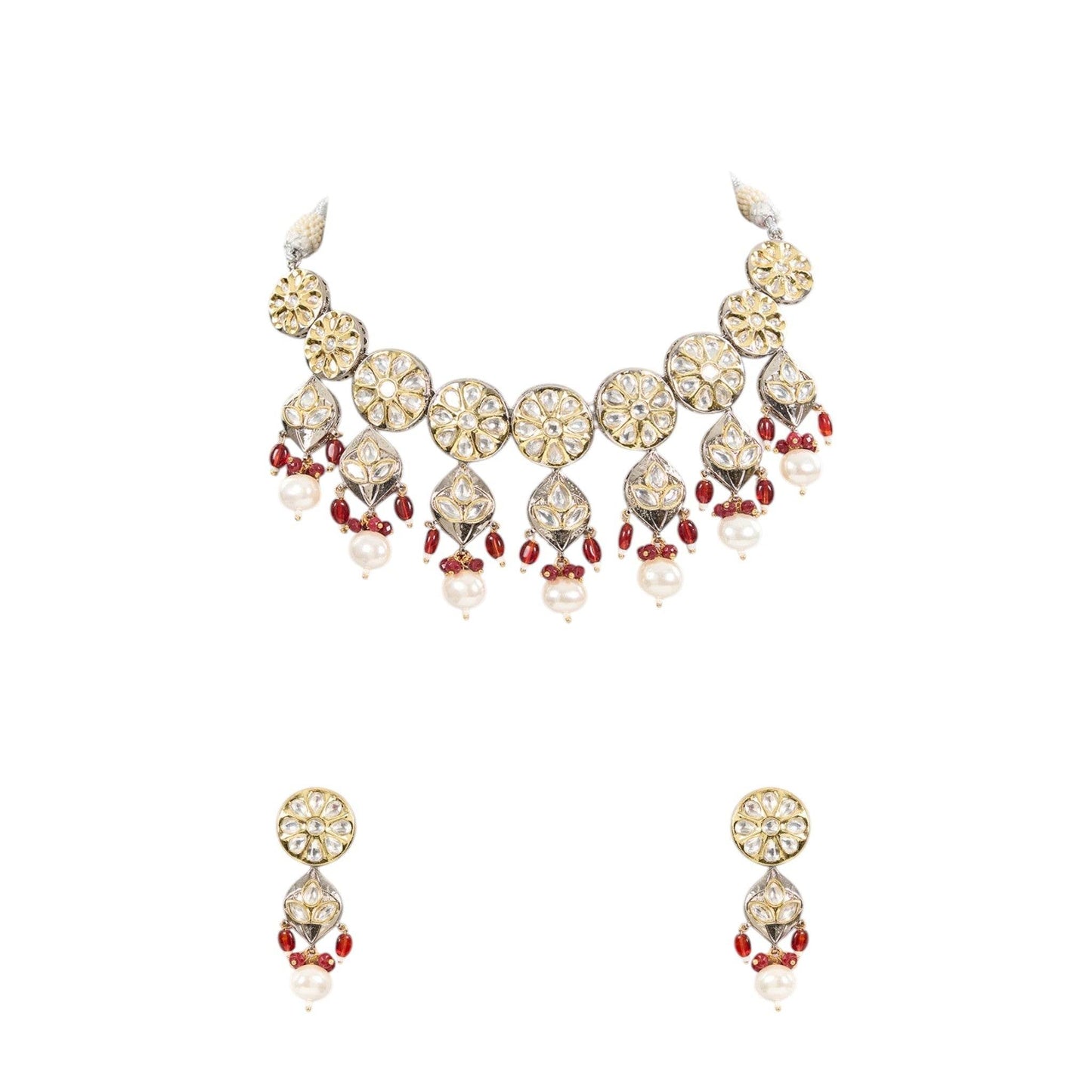 Kundan choker neckpiece in pearl and ruby beads - Auraa Trends