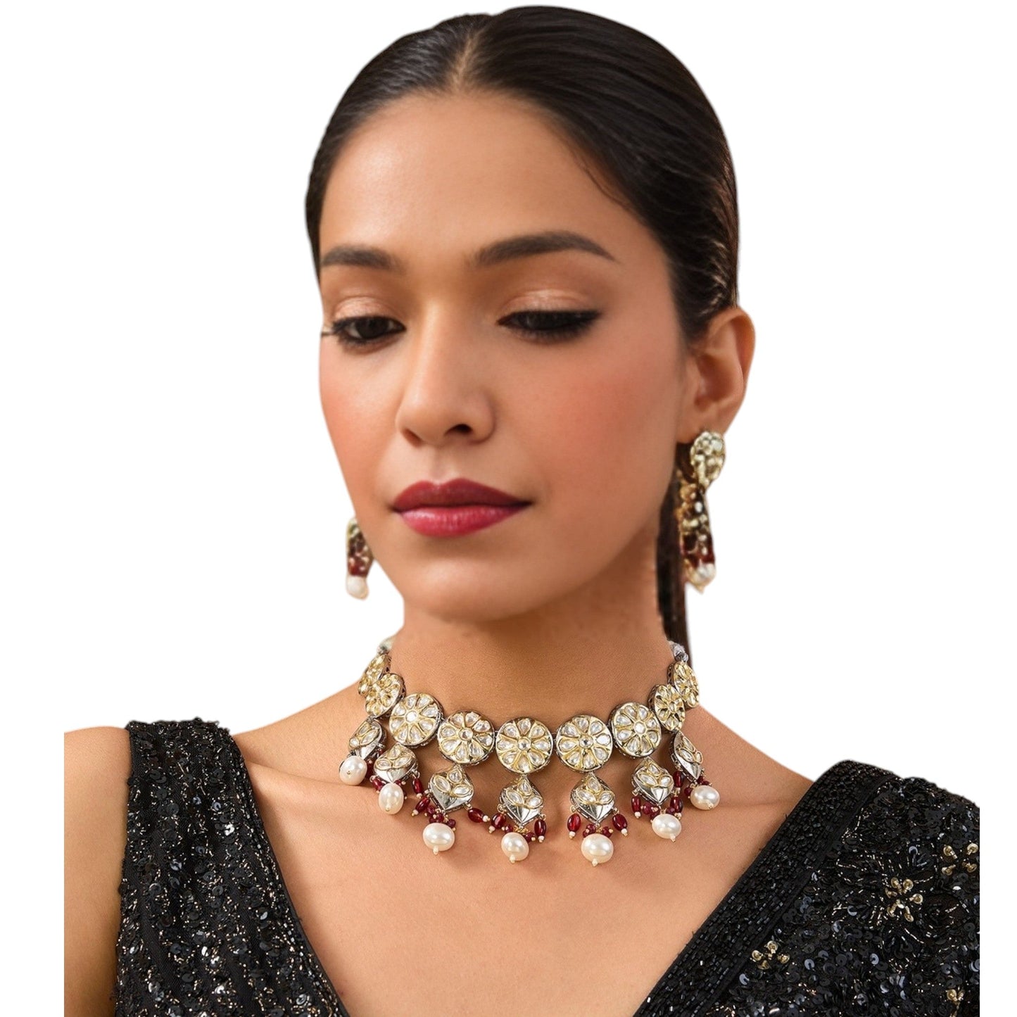 Kundan choker neckpiece in pearl and ruby beads - Auraa Trends - Choker - # - Auraa Trends - Kundan choker neckpiece in pearl and ruby beads