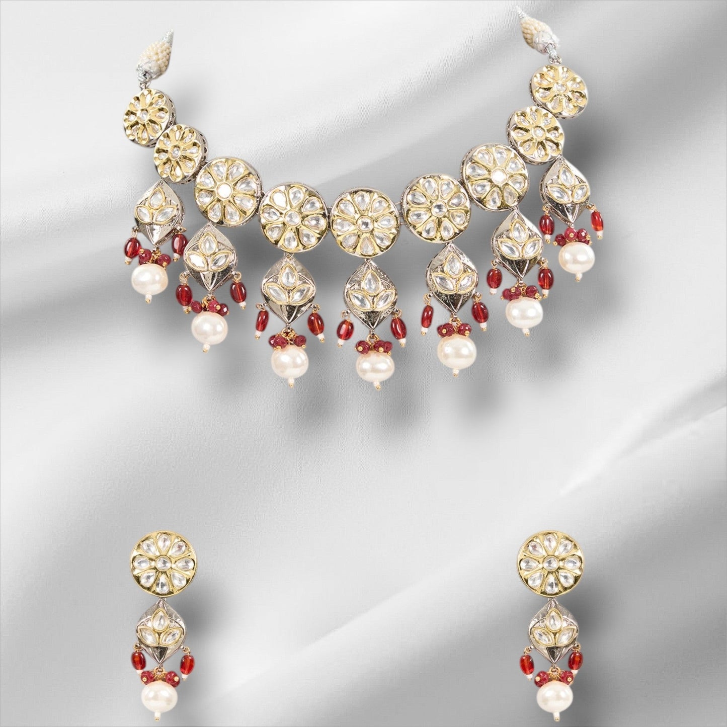 Kundan choker neckpiece in pearl and ruby beads - Auraa Trends - Choker - # - Auraa Trends - Kundan choker neckpiece in pearl and ruby beads