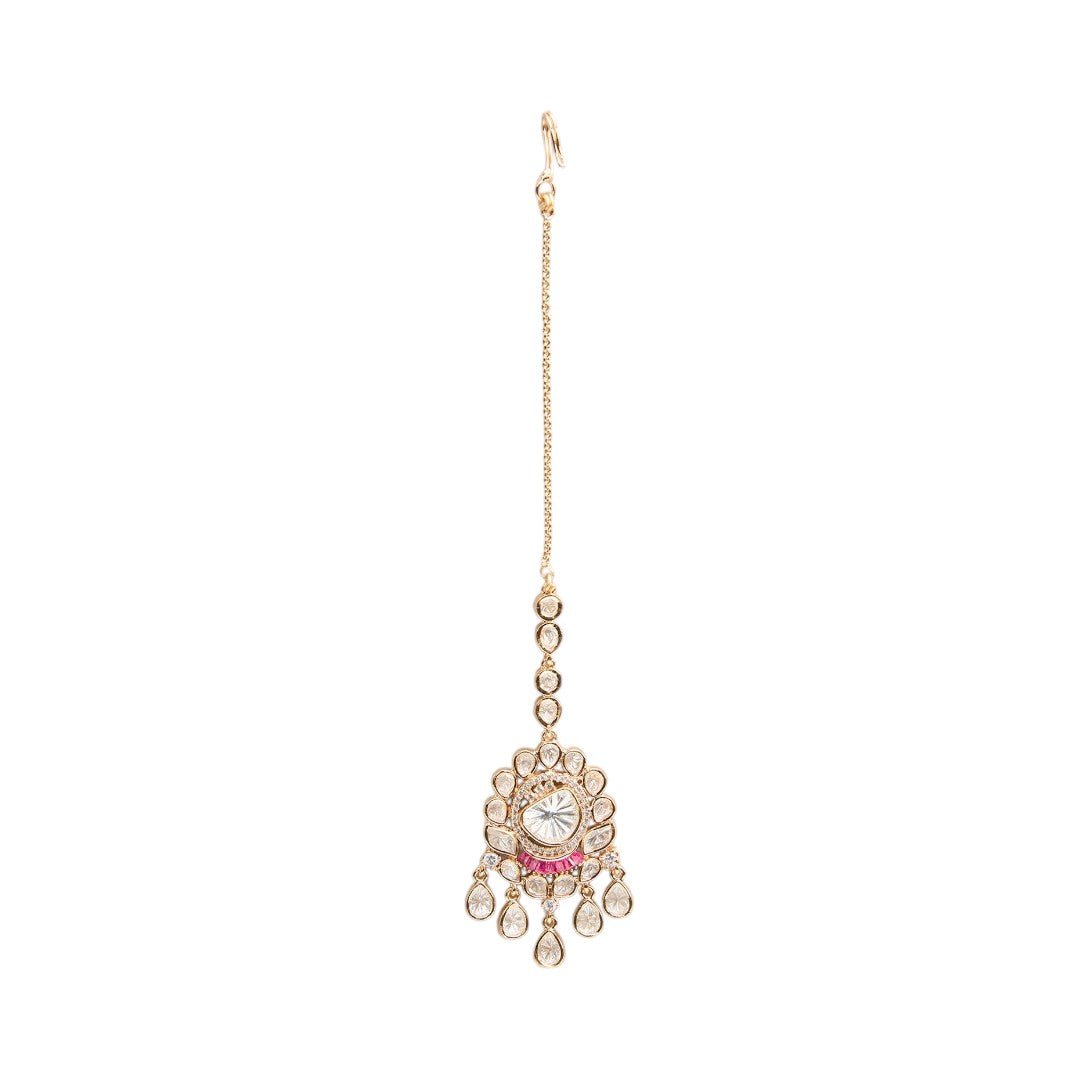 Kundan Maang Tikka Bridal Choker Set – Ruby Accented Gold - Toned Jewelry - Auraa Trends - Choker - - Auraa Trends - Kundan Maang Tikka Bridal Choker Set – Ruby Accented Gold - Toned Jewelry