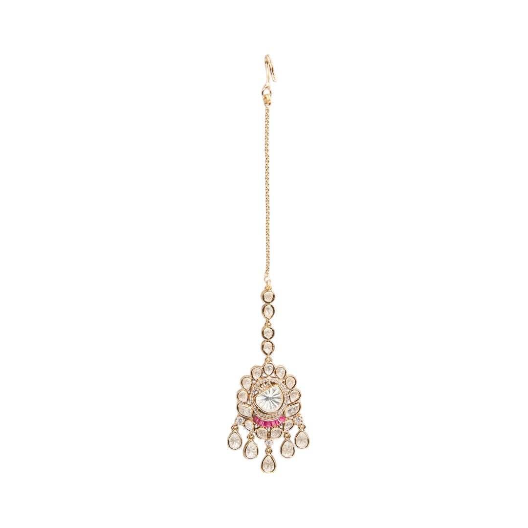 Kundan Maang Tikka Bridal Choker Set – Ruby Accented Gold-Toned Jewelry - Auraa Trends