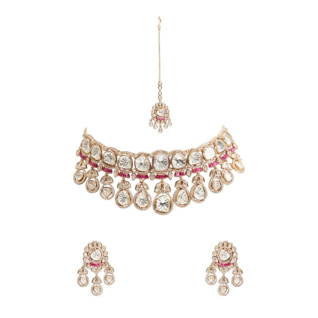 Kundan Maang Tikka Bridal Choker Set – Ruby Accented Gold-Toned Jewelry - Auraa Trends