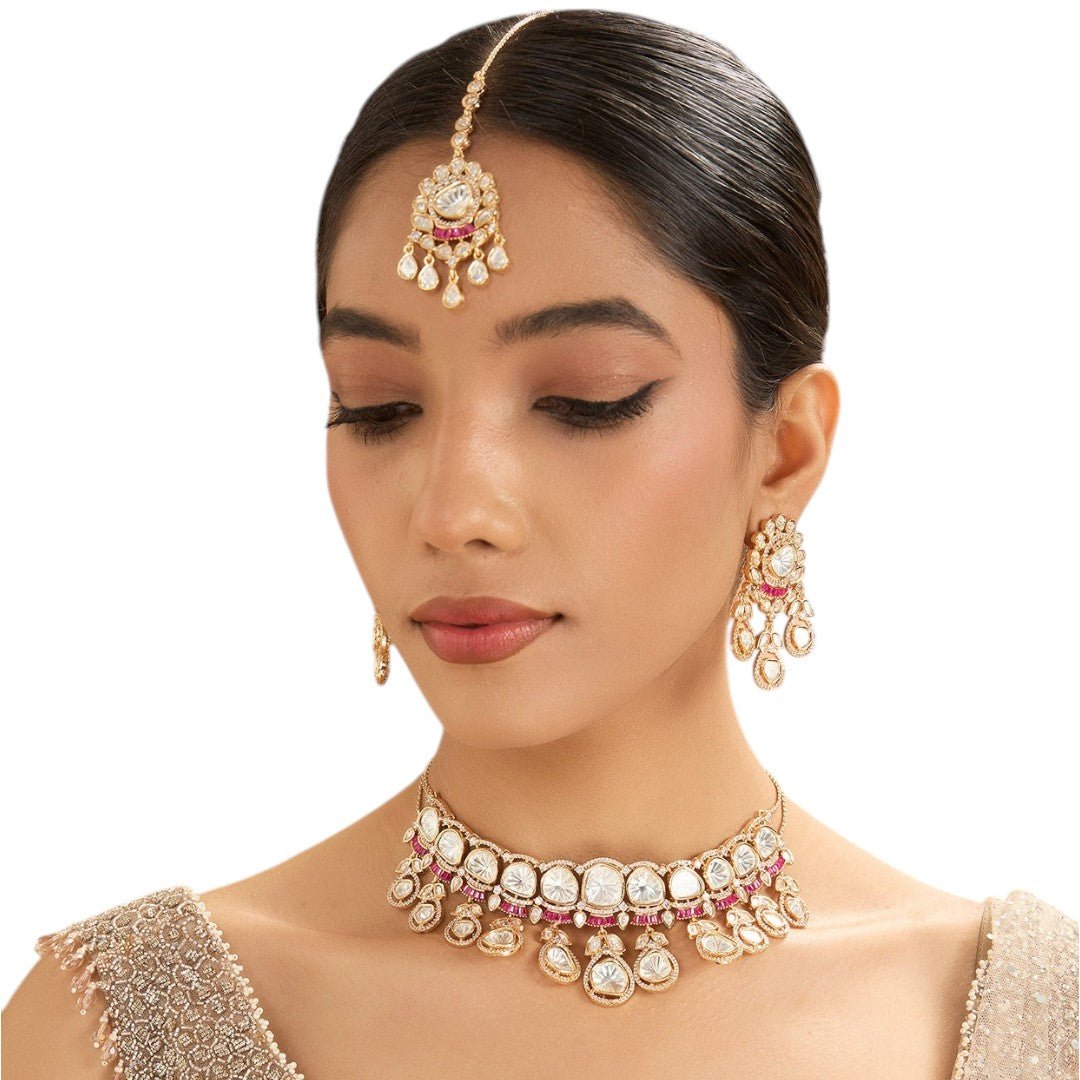 Kundan Maang Tikka Bridal Choker Set – Ruby Accented Gold - Toned Jewelry - Auraa Trends - Choker - - Auraa Trends - Kundan Maang Tikka Bridal Choker Set – Ruby Accented Gold - Toned Jewelry