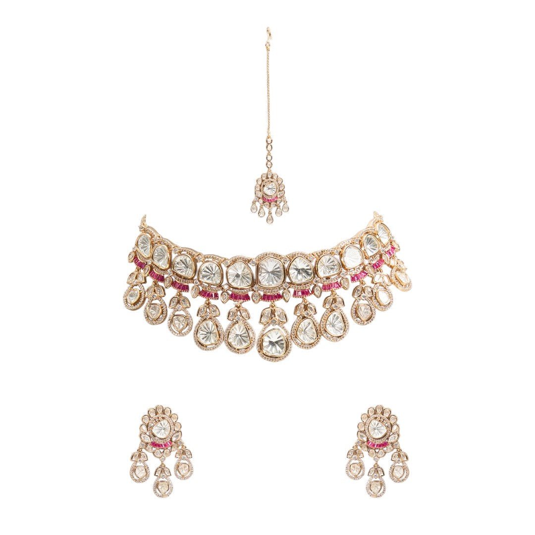Kundan Maang Tikka Bridal Choker Set – Ruby Accented Gold - Toned Jewelry - Auraa Trends - Choker - - Auraa Trends - Kundan Maang Tikka Bridal Choker Set – Ruby Accented Gold - Toned Jewelry