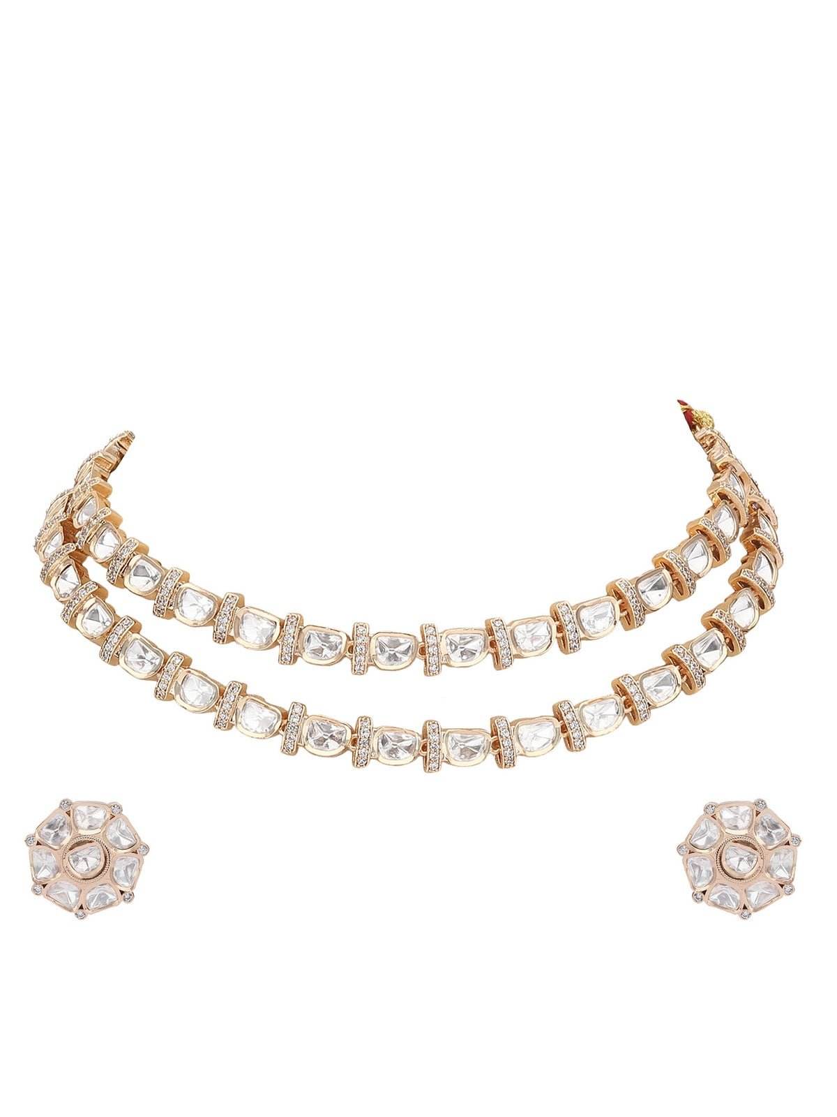 Kundan Necklace Set with Geometric Stud Earrings - Auraa Trends
