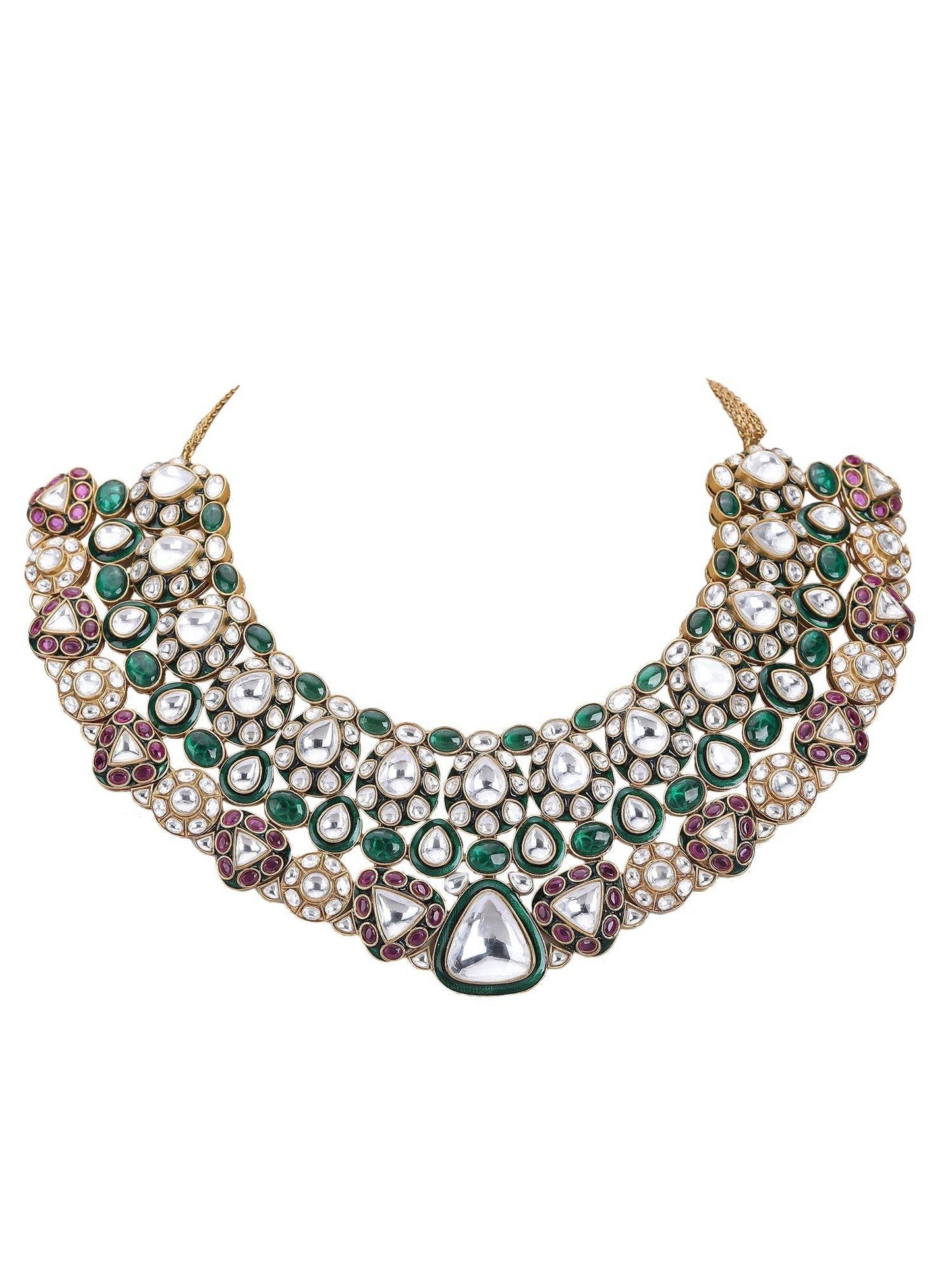 Kundan Polki Choker Necklace Set with Earrings and Maangtikka - Auraa Trends