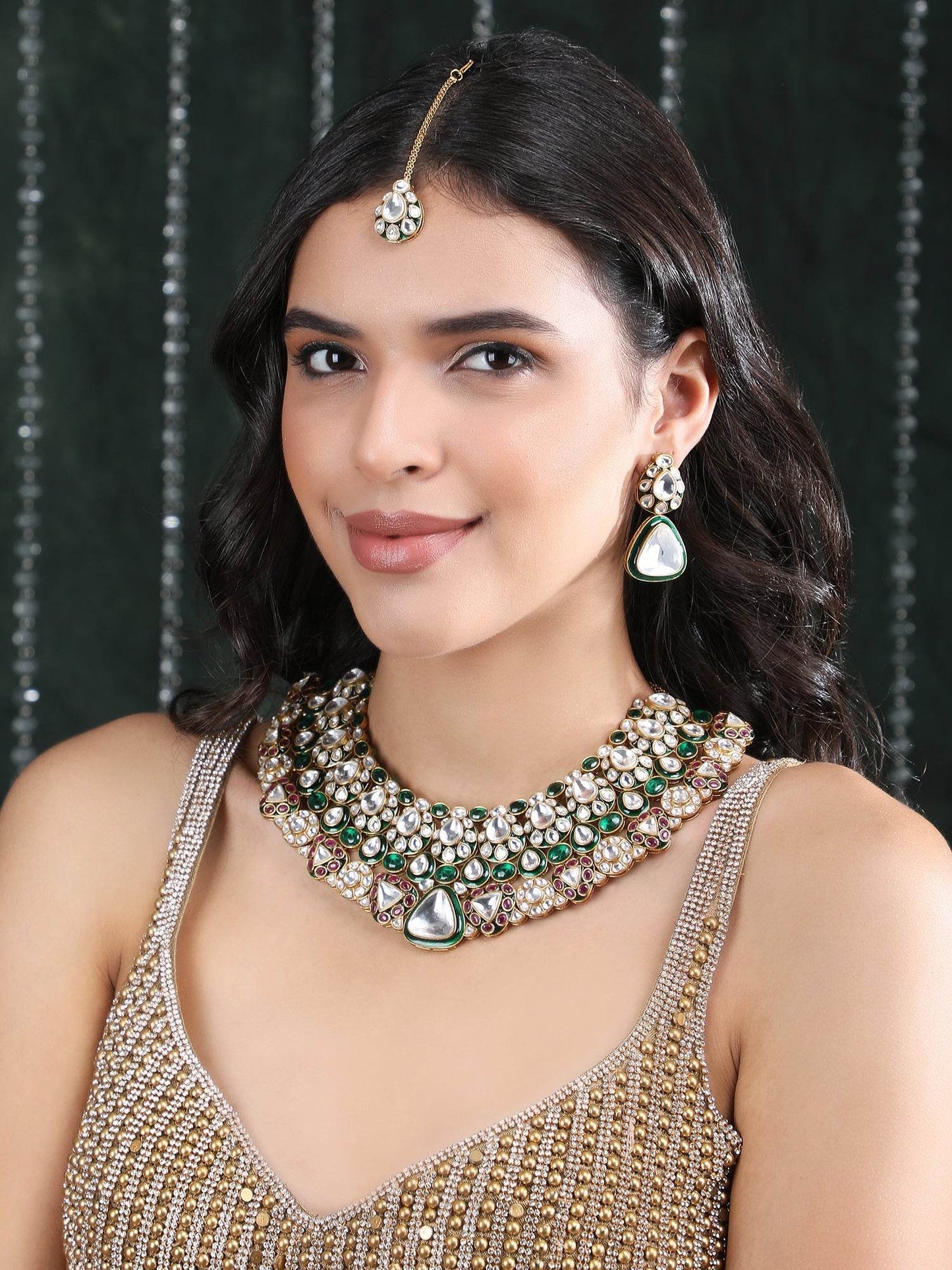 Kundan Polki Choker Necklace Set with Earrings and Maangtikka - Auraa Trends