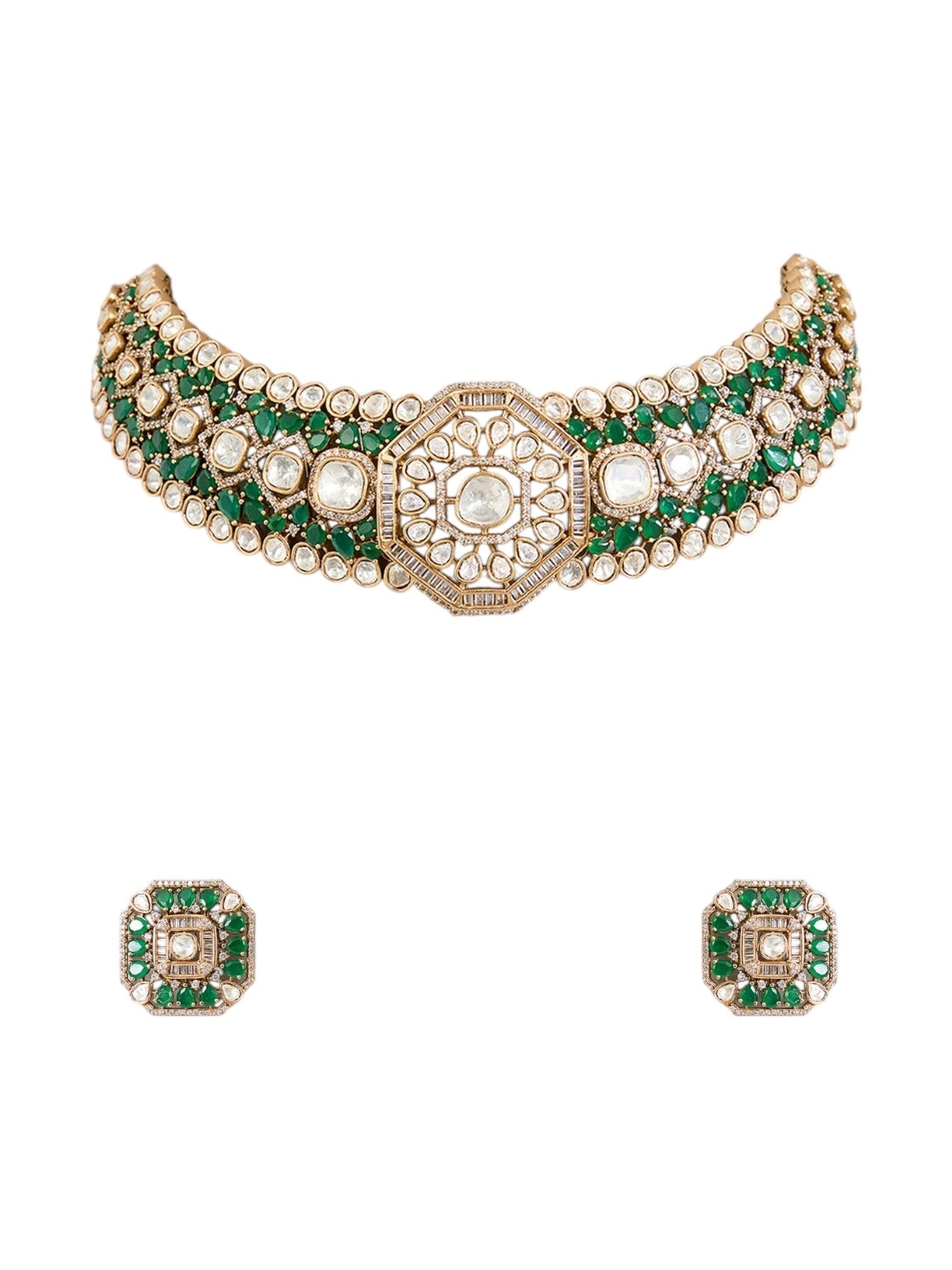 Kundan Polki Choker Necklace Set with Green Stones β Gold Finish Bridal & Festive Jewelry - Auraa Trends - Necklace - - Auraa Trends - Gold finish choker necklace with kundan polki, green stones, and pearls Traditional Indian choker necklace set with matching stud earrings Bridal kundan polki choker with green gemstones and pearls Ethnic gold plated necklace with kundan, pearl, and green stone detailing