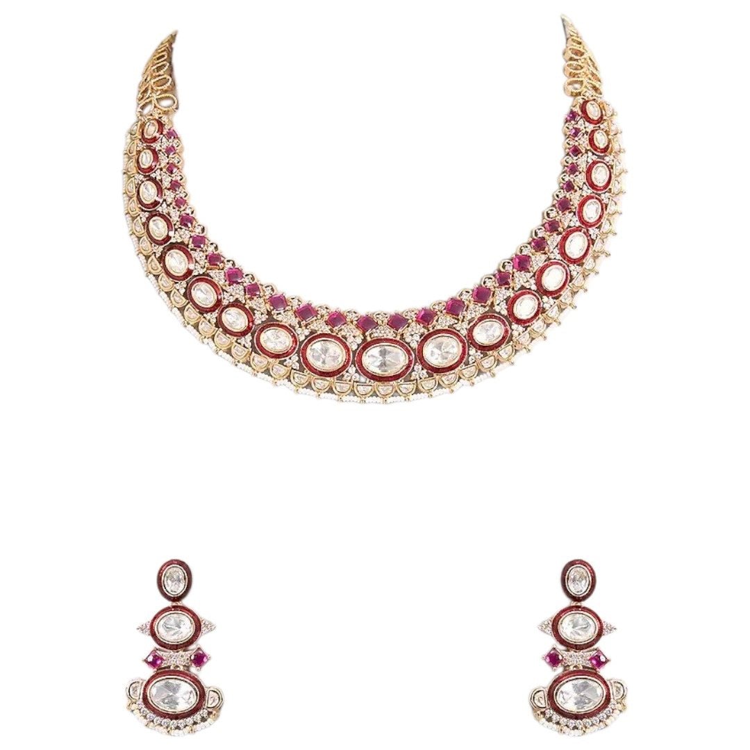 Kundan & Ruby Stone Bridal Necklace Set with Matching Earrings - Auraa Trends - Necklace Set - - Auraa Trends - Gold - plated kundan and ruby stone bridal necklace set with matching earrings – traditional Indian wedding jewellery
