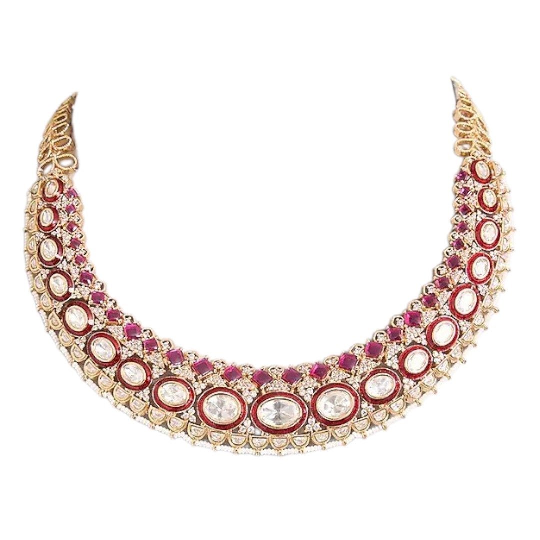 Kundan & Ruby Stone Bridal Necklace Set with Matching Earrings - Auraa Trends - Necklace Set - - Auraa Trends - Gold - plated kundan and ruby stone bridal necklace set with matching earrings – traditional Indian wedding jewellery
