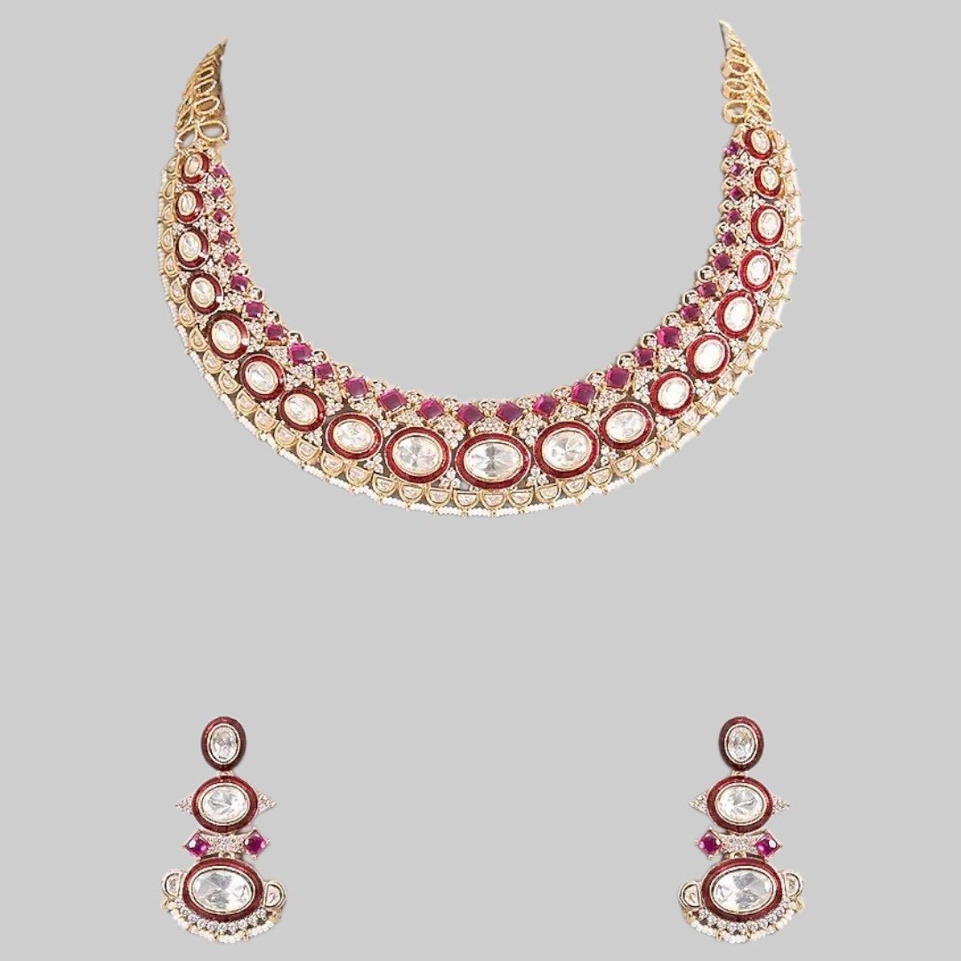 Kundan & Ruby Stone Bridal Necklace Set with Matching Earrings - Auraa Trends - Necklace Set - - Auraa Trends - Gold - plated kundan and ruby stone bridal necklace set with matching earrings – traditional Indian wedding jewellery