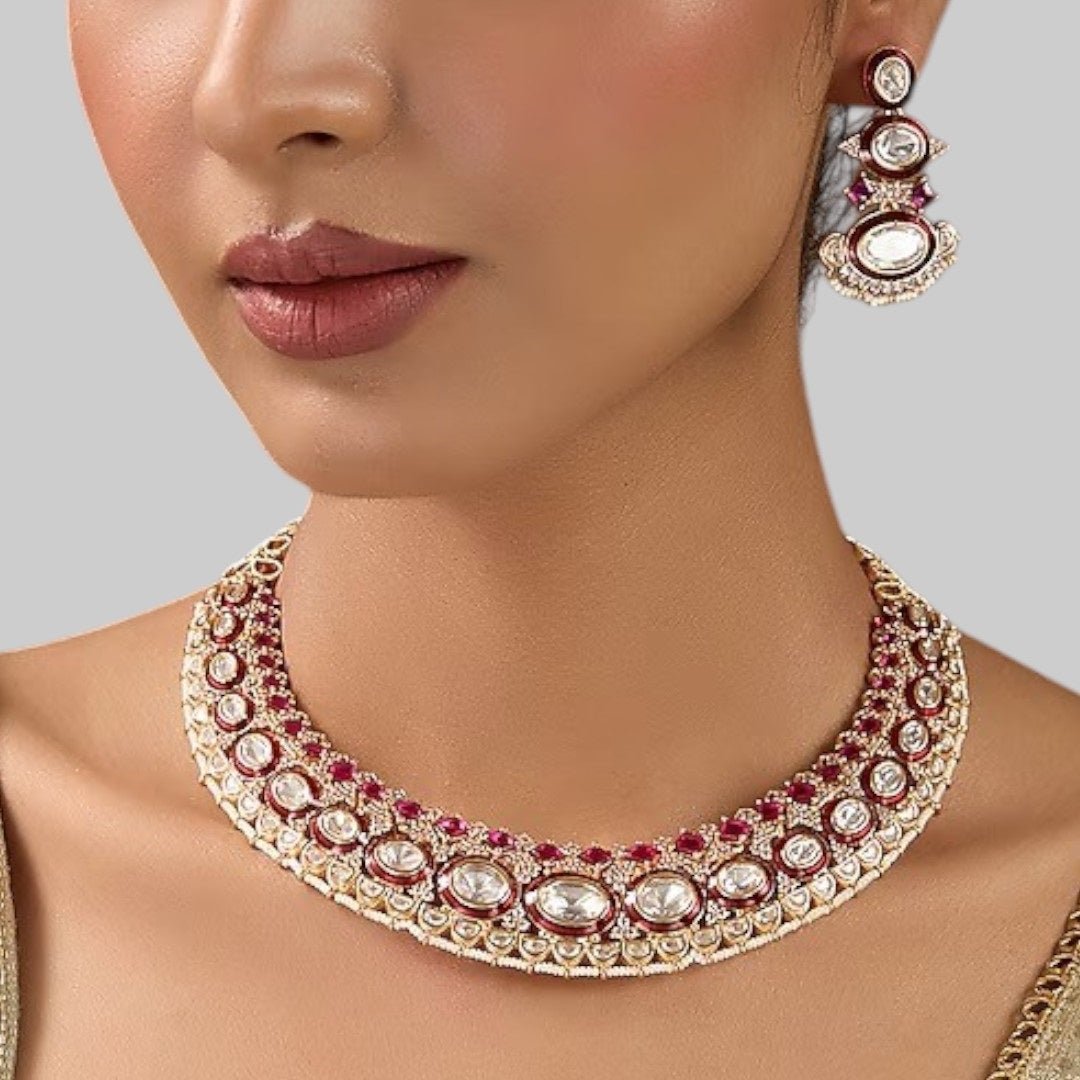 Kundan & Ruby Stone Bridal Necklace Set with Matching Earrings - Auraa Trends - Necklace Set - - Auraa Trends - Gold - plated kundan and ruby stone bridal necklace set with matching earrings – traditional Indian wedding jewellery