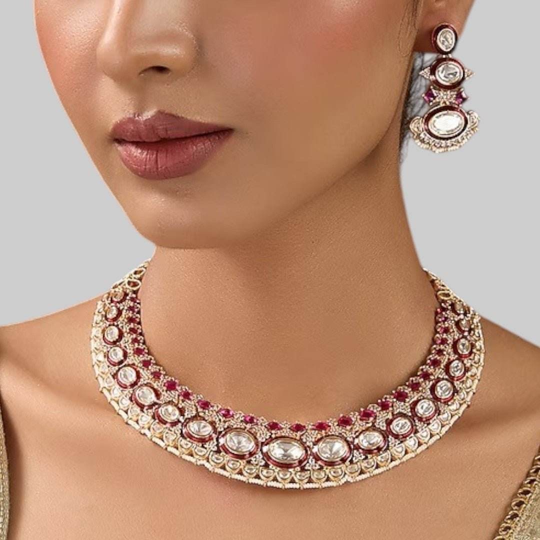 Kundan & Ruby Stone Bridal Necklace Set with Matching Earrings - Auraa Trends