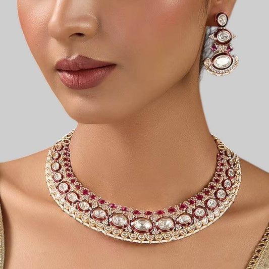Kundan & Ruby Stone Bridal Necklace Set with Matching Earrings - Auraa Trends