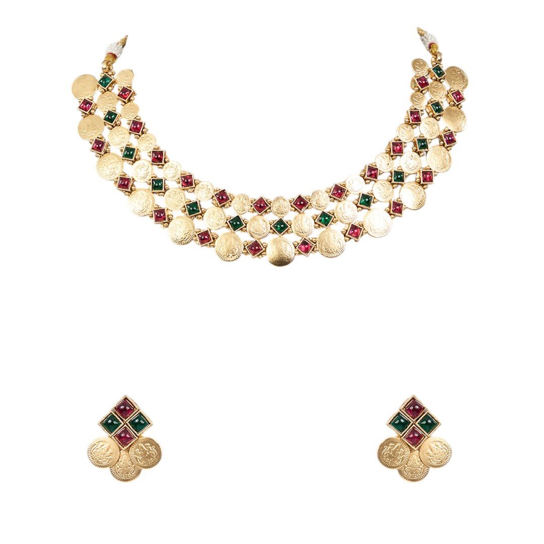 Lakshmi Coin Choker Necklace Set in Kundan Work Traditional - Auraa Trends - Choker - # - Auraa Trends - Lakshmi Coin Choker Necklace Set in Kundan Work Traditional