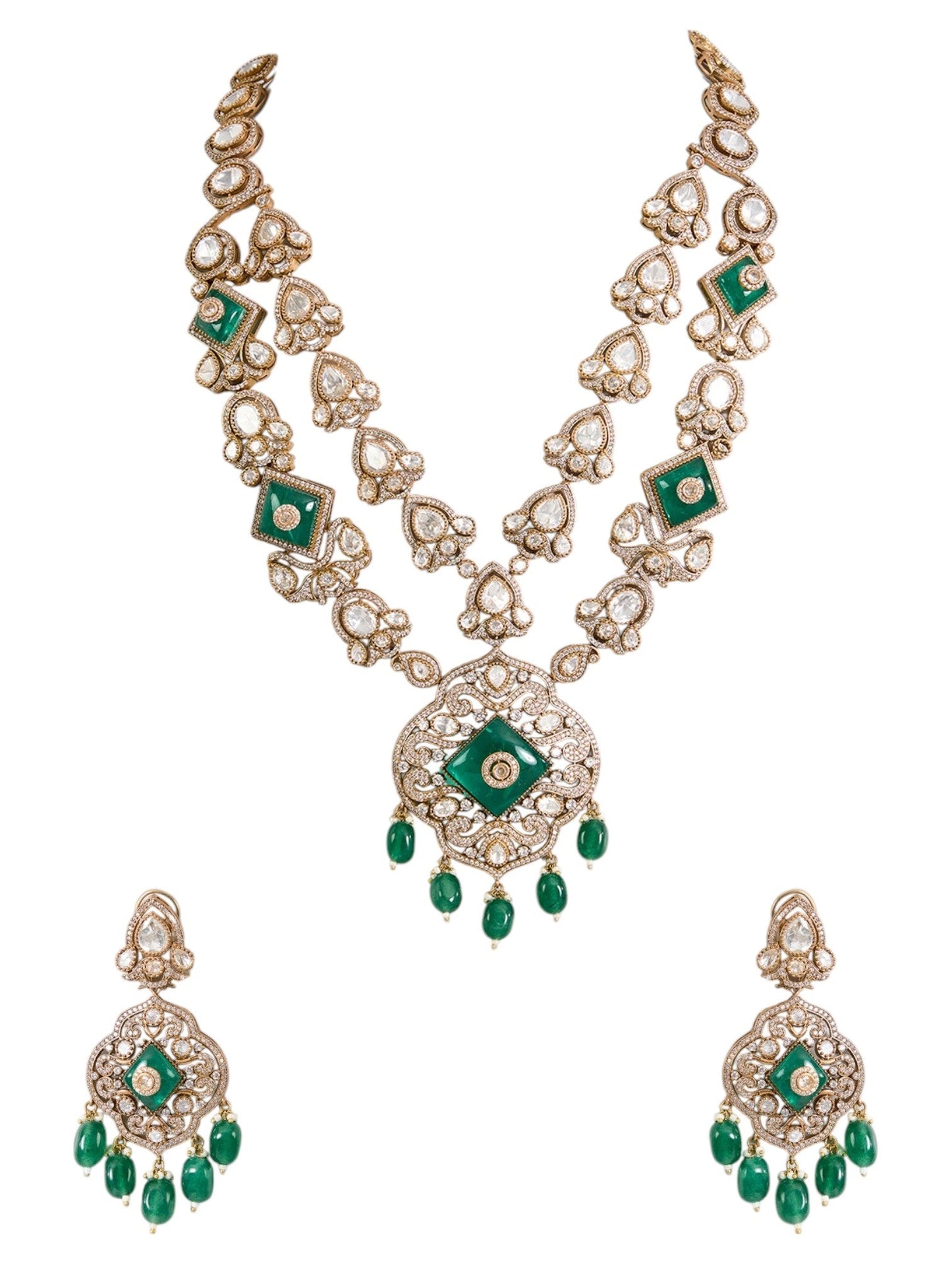 Long Layered Kundan Polki Necklace Set with Emerald Green Stones - Auraa Trends - Necklace - - Auraa Trends - Long Layered Kundan Polki Necklace Set with Emerald Green Stones