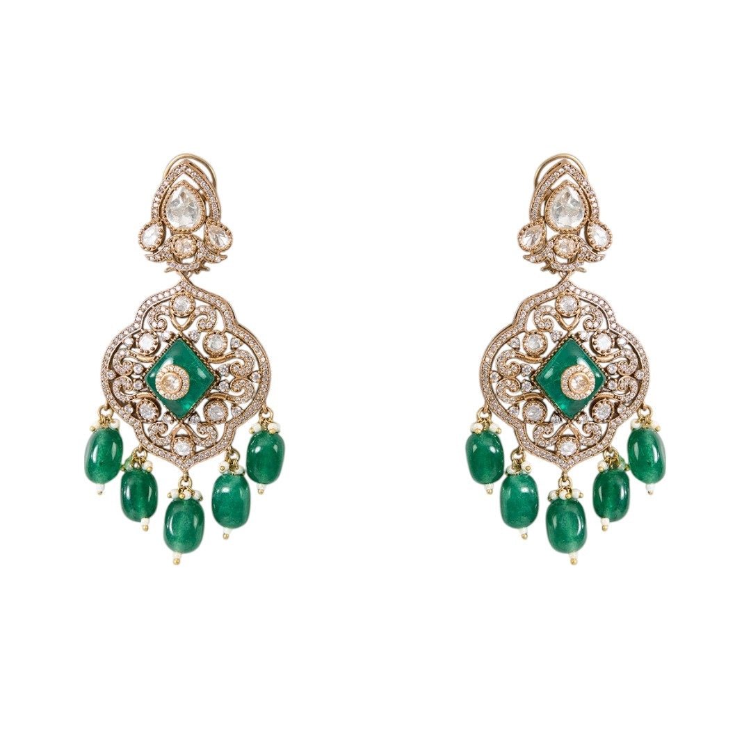 Long Layered Kundan Polki Necklace Set with Emerald Green Stones - Auraa Trends - Necklace - - Auraa Trends - Long Layered Kundan Polki Necklace Set with Emerald Green Stones