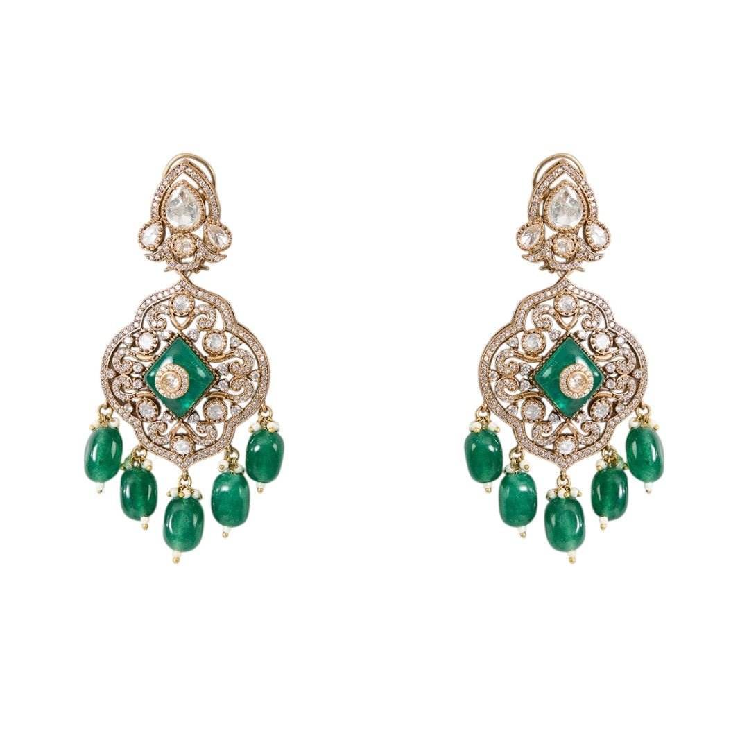 Long Layered Kundan Polki Necklace Set with Emerald Green Stones - Auraa Trends