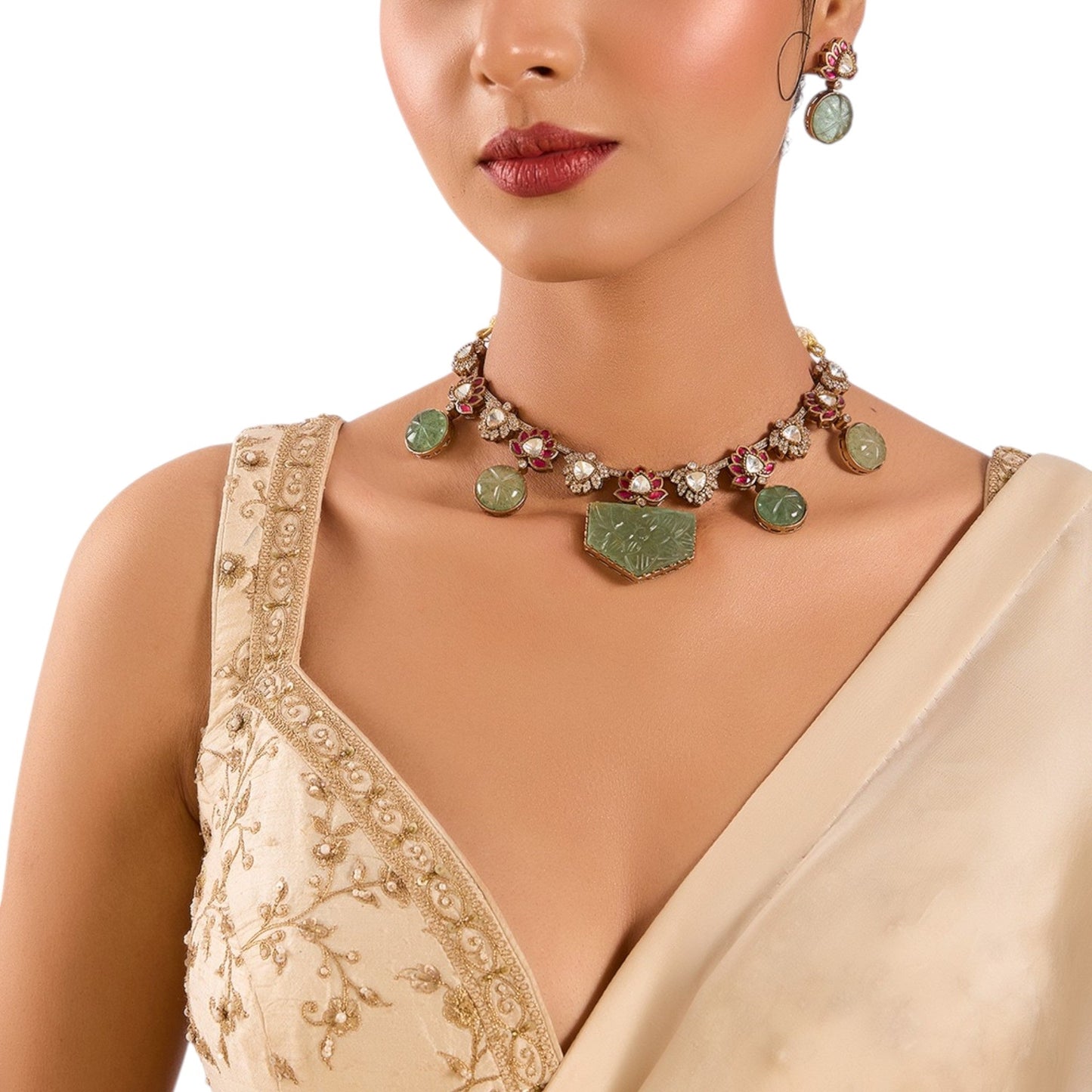 Lotus Motif Carved Green Stone Necklace Set with Earrings | Ethnic & Festive Jewelry - Auraa Trends - Necklace - - Auraa Trends - “Necklace set with lotus motif and carved green stones with earrings” “Traditional gold - tone necklace with pink lotus and kundan stones” “Ethnic lotus design choker set with matching earrings”