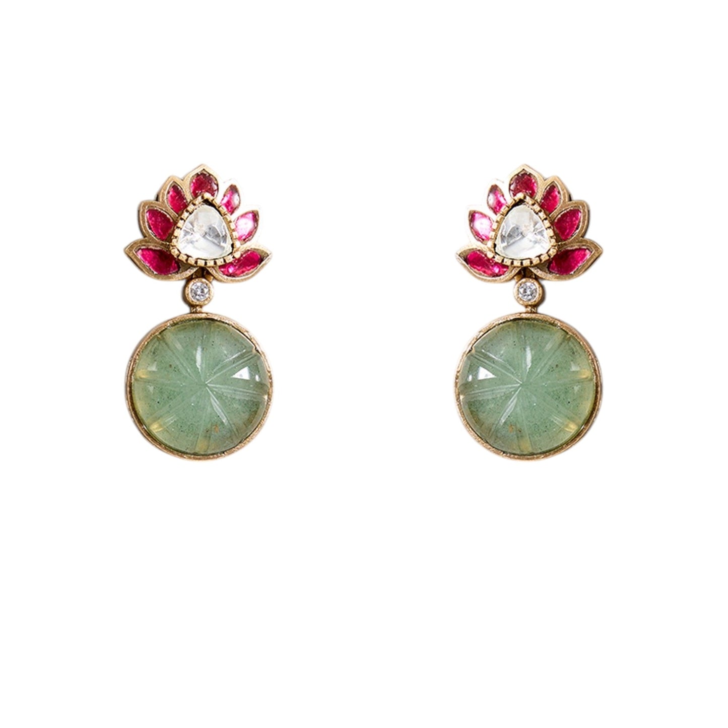 Lotus Motif Carved Green Stone Necklace Set with Earrings | Ethnic & Festive Jewelry - Auraa Trends - Necklace - - Auraa Trends - “Necklace set with lotus motif and carved green stones with earrings” “Traditional gold - tone necklace with pink lotus and kundan stones” “Ethnic lotus design choker set with matching earrings”
