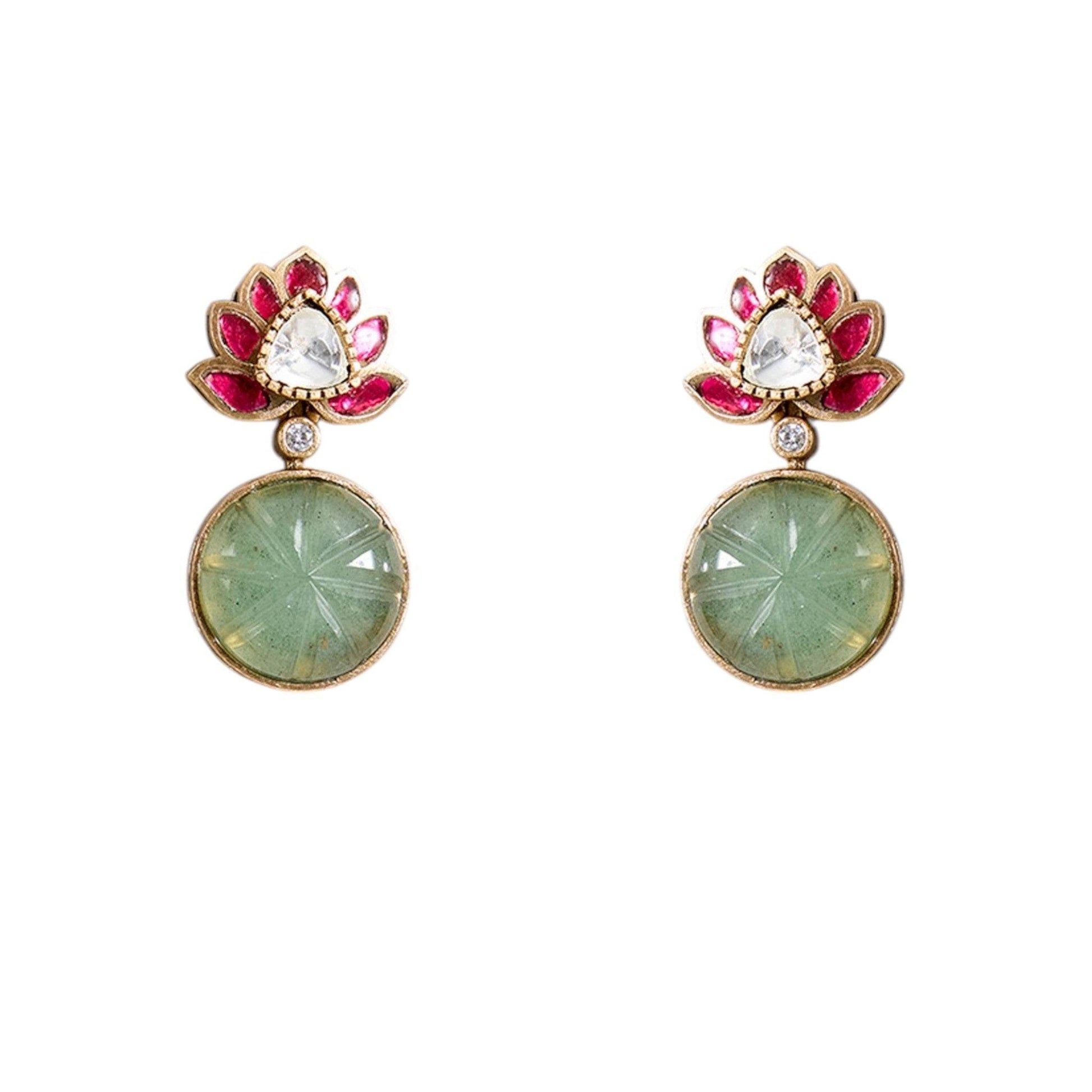 Lotus Motif Carved Green Stone Necklace Set with Earrings | Ethnic & Festive Jewelry - Auraa Trends