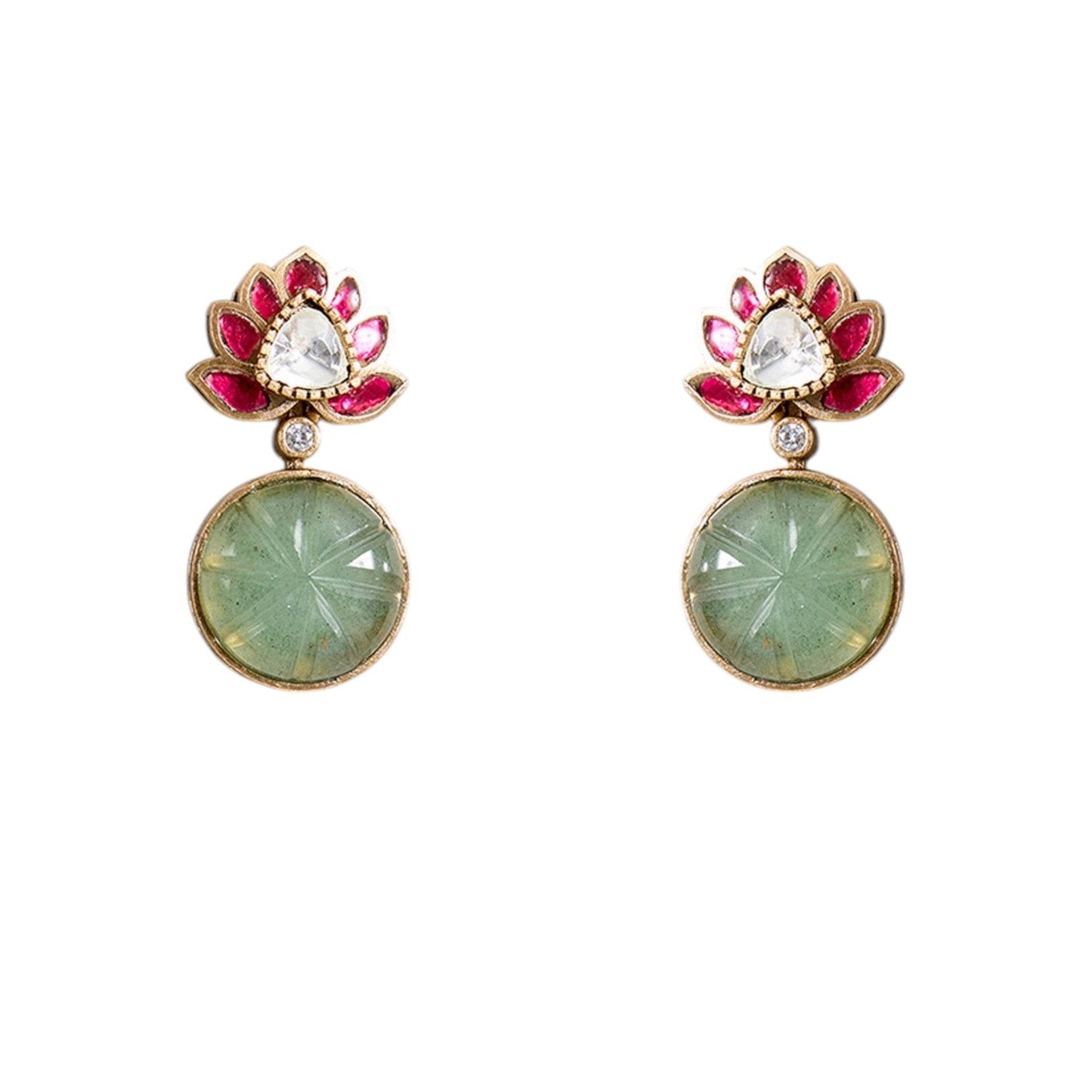 Lotus Motif Carved Green Stone Necklace Set with Earrings | Ethnic & Festive Jewelry - Auraa Trends