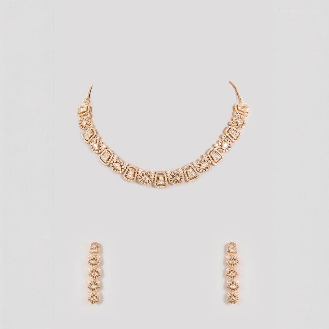 Lovely Champagne Gold Necklace Set with Stones - Auraa Trends
