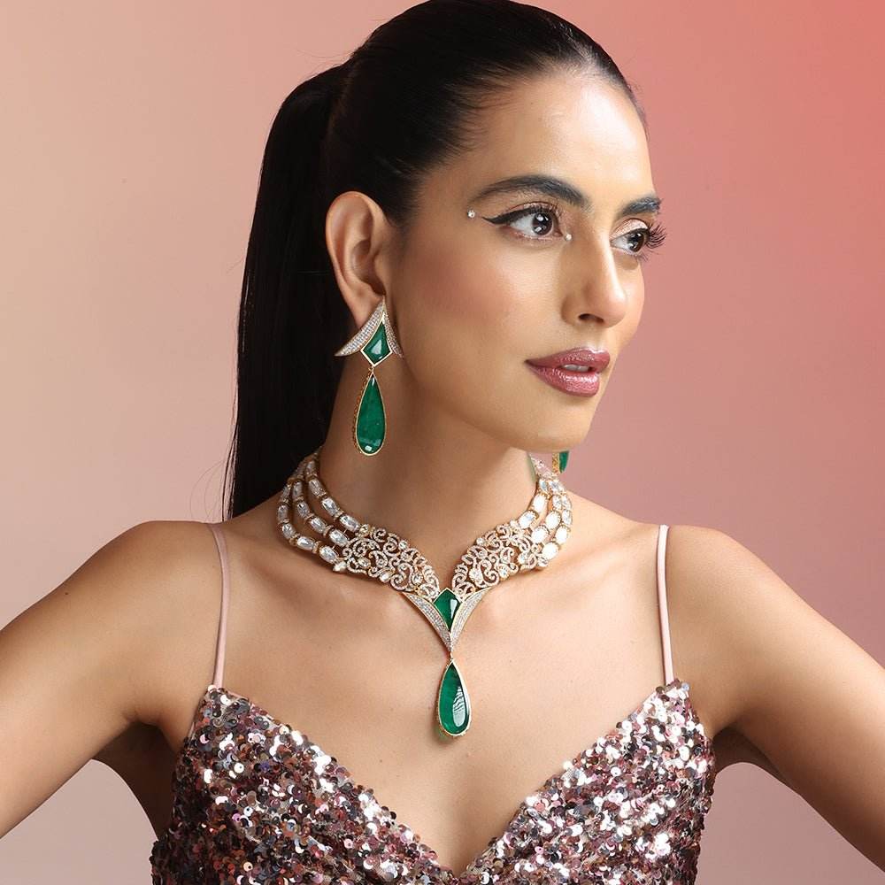 Lovely Green Teardrop Jewelry Set with Delicate Stonework Designer Party Wedding Jewellery - Auraa Trends