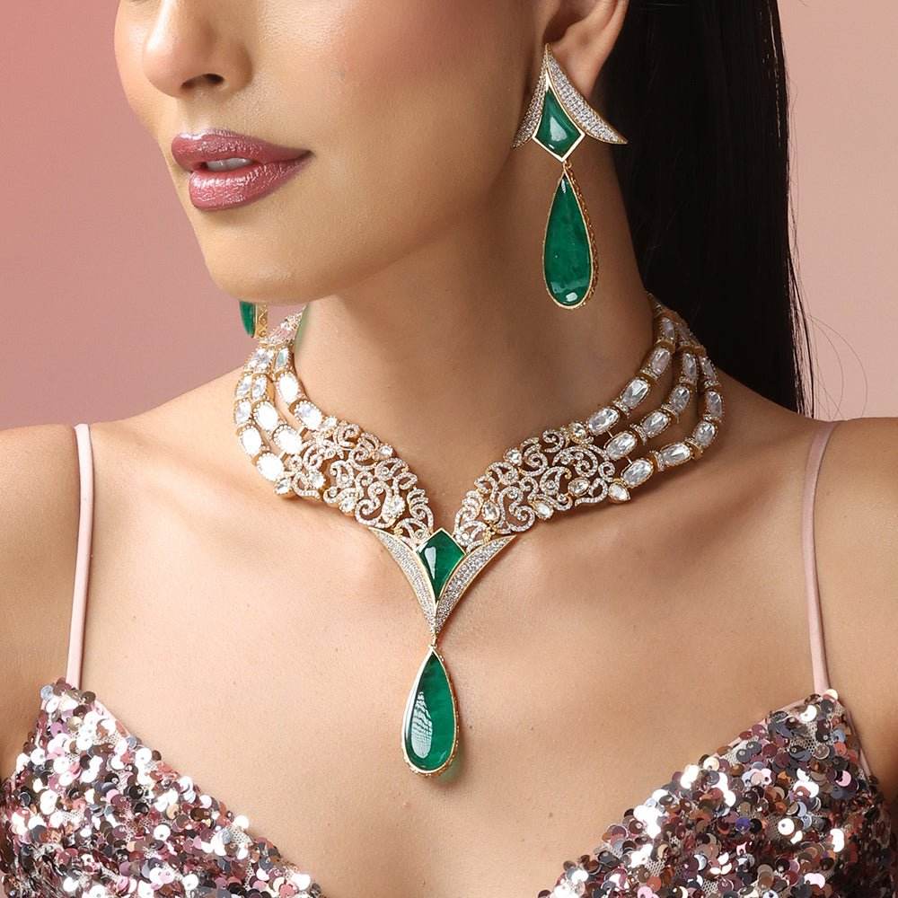 Lovely Green Teardrop Jewelry Set with Delicate Stonework Designer Party Wedding Jewellery - Auraa Trends