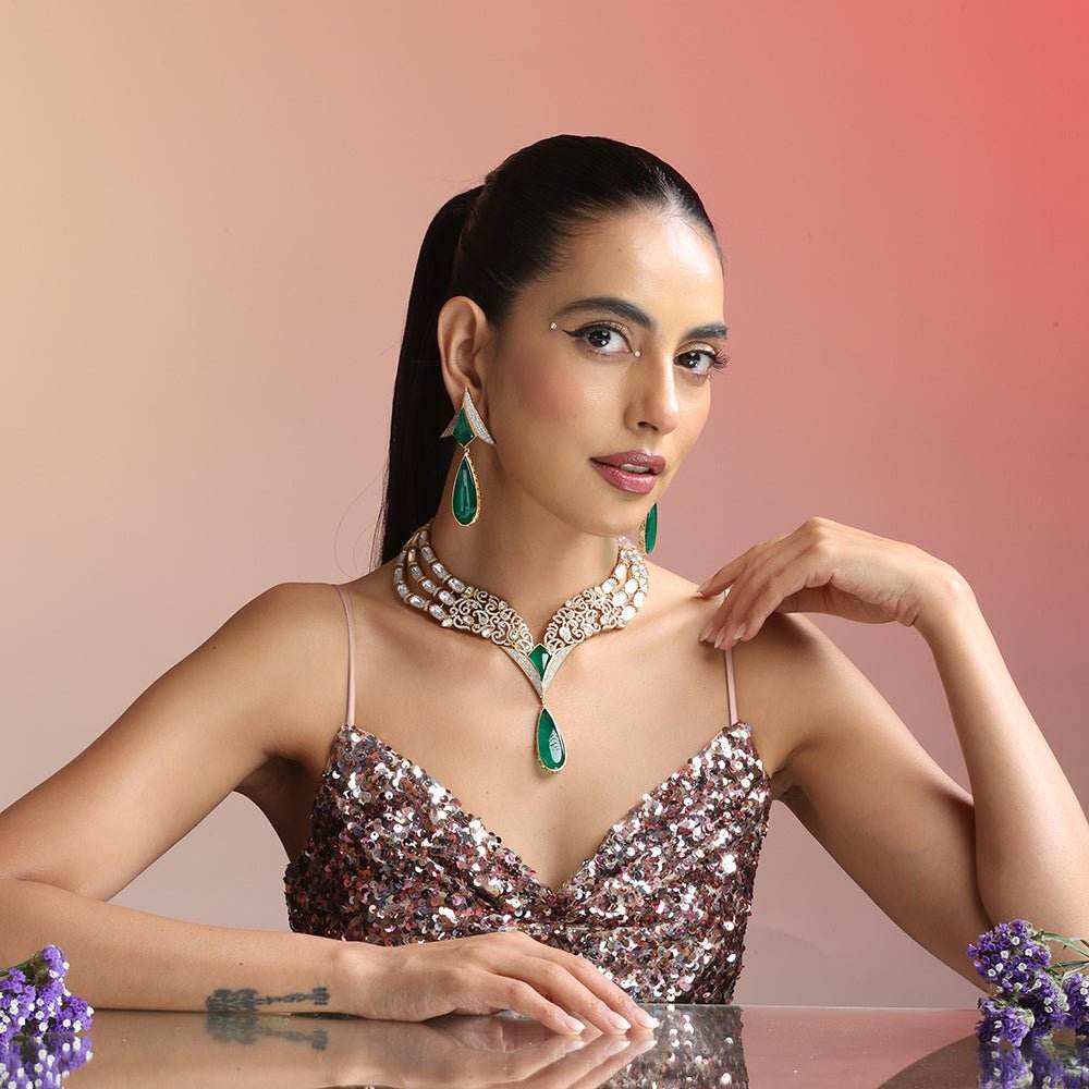 Lovely Green Teardrop Jewelry Set with Delicate Stonework Designer Party Wedding Jewellery - Auraa Trends
