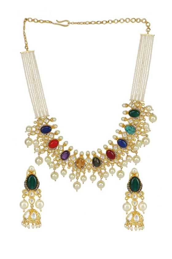 Lustrous Gold Plated Kundan Pearl Necklace Set - Auraa Trends
