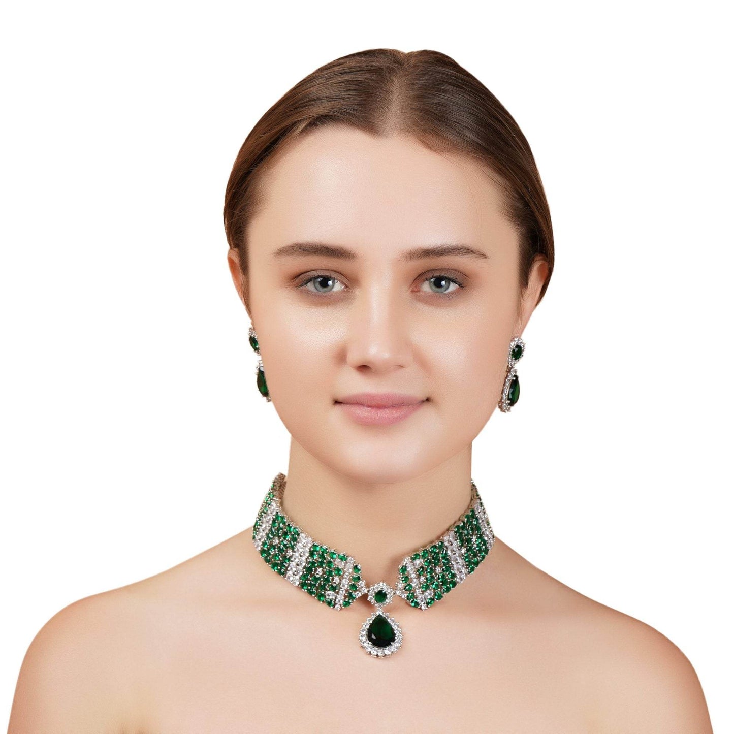 Luxurious Diamante & Emerald Choker Necklace Set - Auraa Trends
