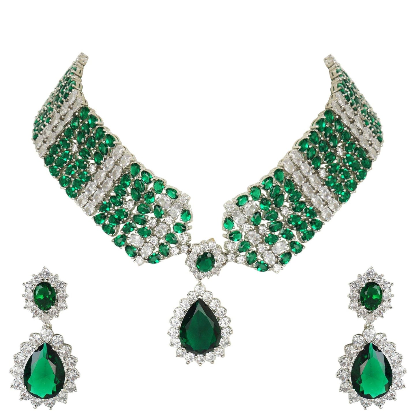 Luxurious Diamante & Emerald Choker Necklace Set - Auraa Trends