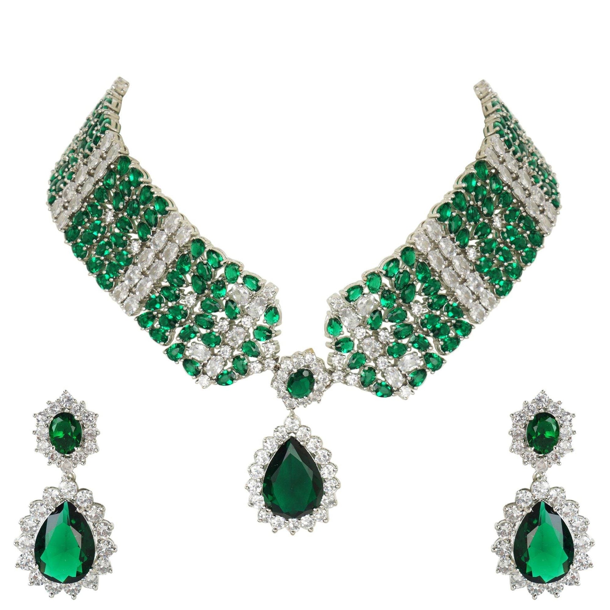 Luxurious Diamante & Emerald Choker Necklace Set - Auraa Trends