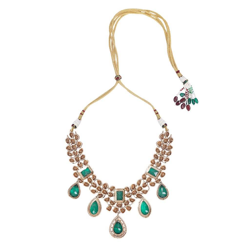 Luxurious Emerald Green and Crystal Kundan Choker Necklace Set - Auraa Trends
