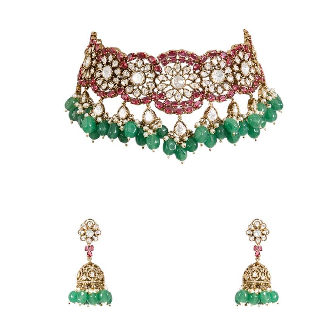 Luxurious Green and Pearl Jewelry Set for Bridal and Festive Occasions - Auraa Trends