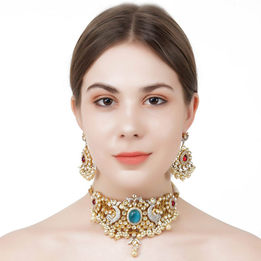 Luxurious Kundan and Diamonte Necklace Set - Auraa Trends