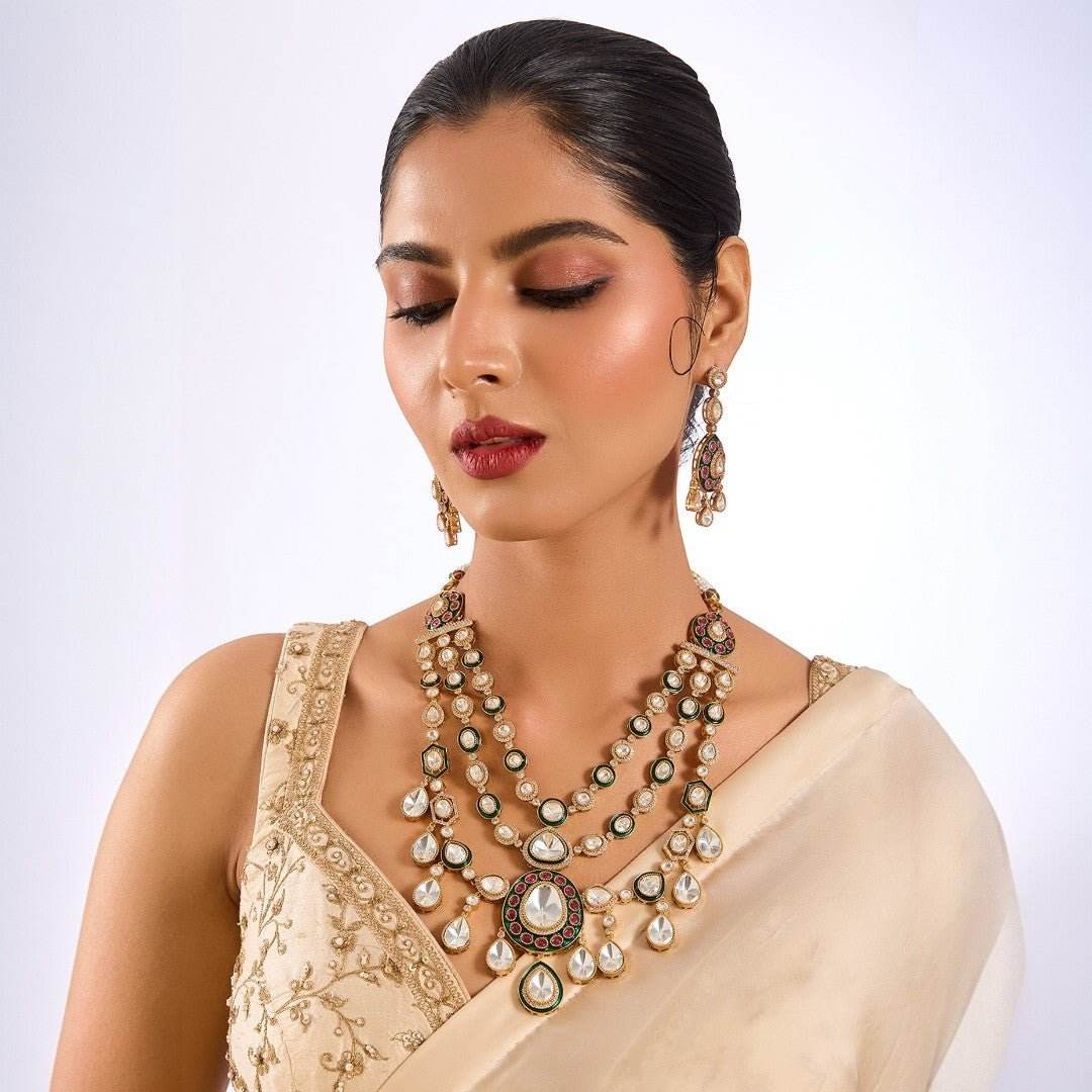 Luxurious Multi-Layered Pearl Necklace with Colorful Gemstones and Matching Earrings Set - Auraa Trends