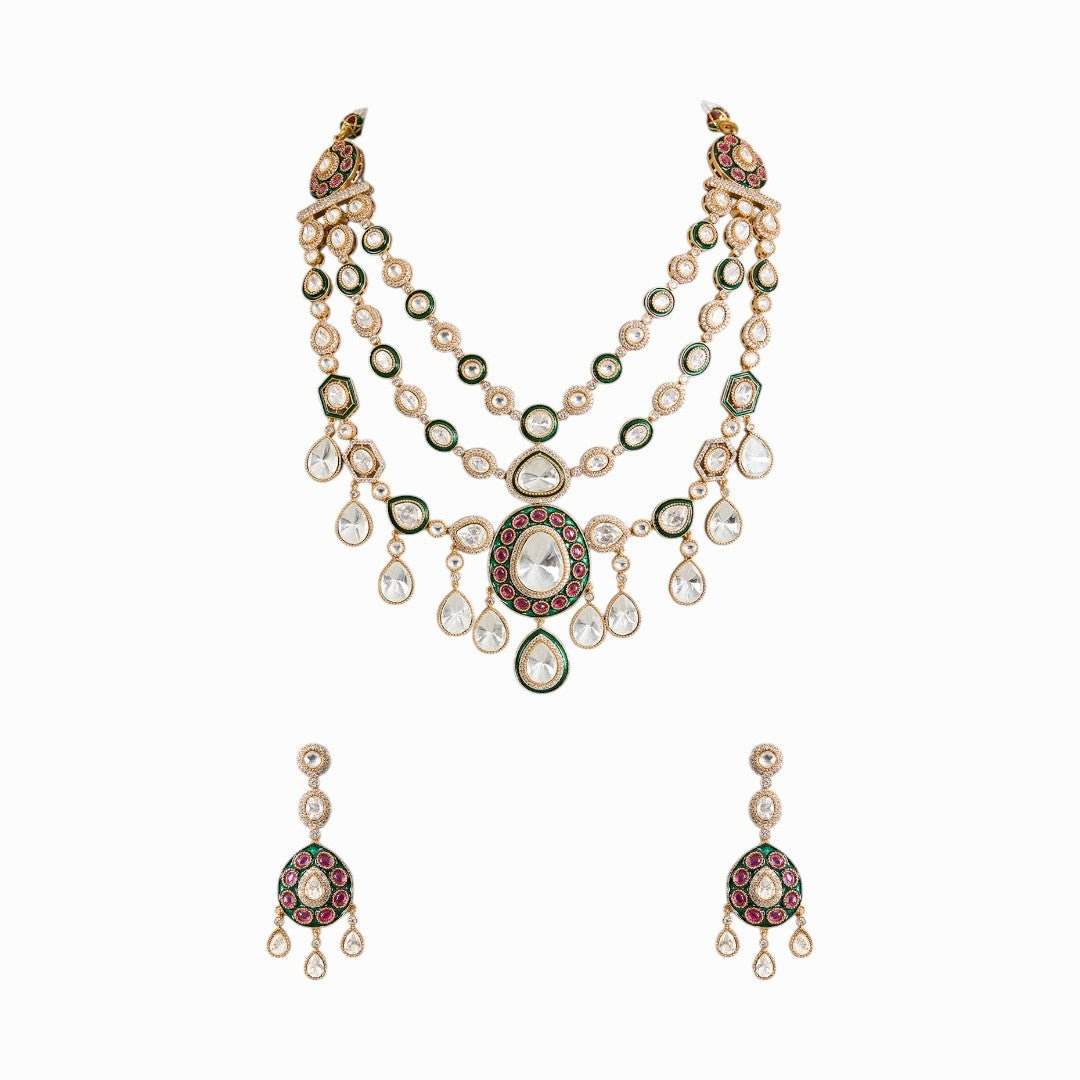 Luxurious Multi-Layered Pearl Necklace with Colorful Gemstones and Matching Earrings Set - Auraa Trends