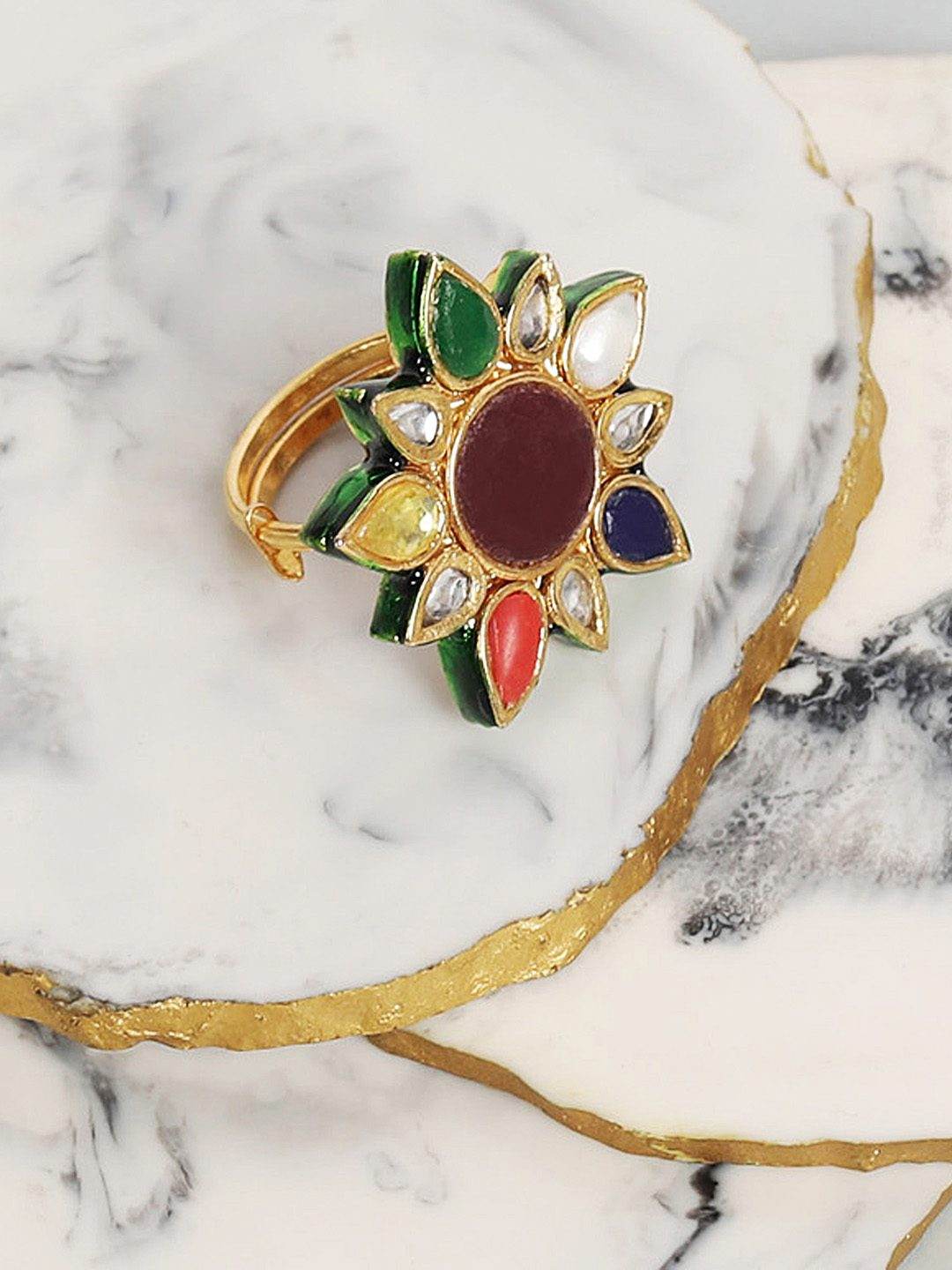 Luxurious Sterling Silver Gold Plated Kundan Multicolor Ring - Auraa Trends