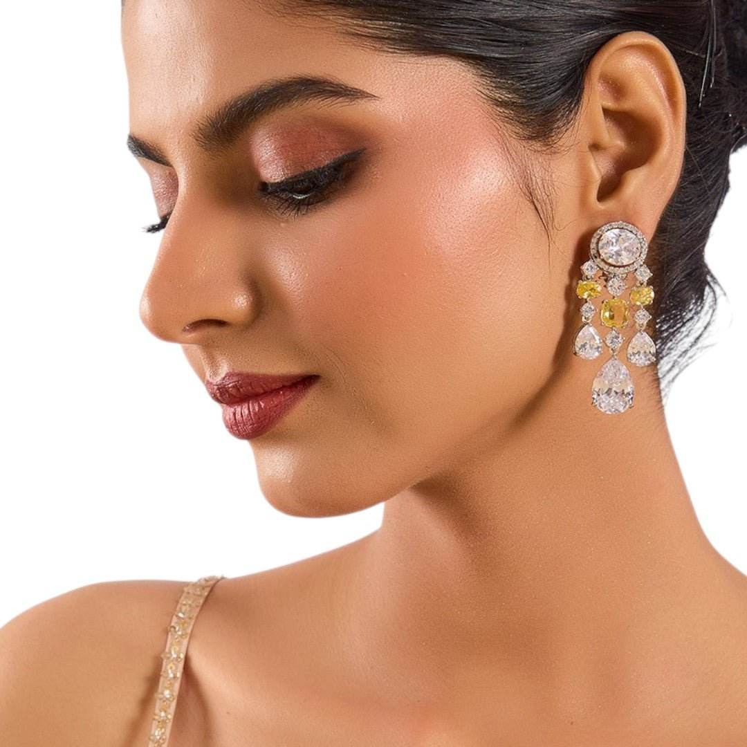 Luxury Crystal and Yellow Stone Statement Drop Earrings - Auraa Trends