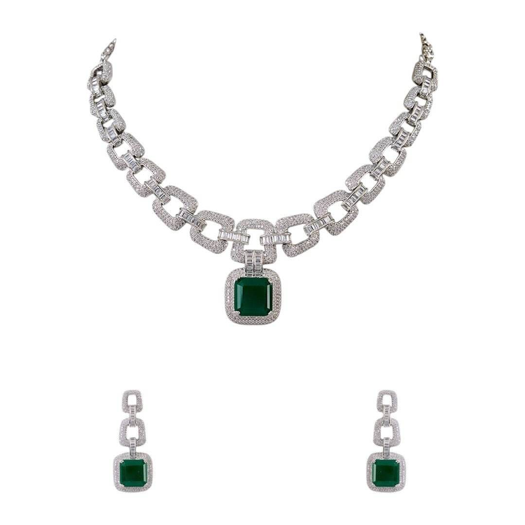 Luxury Emerald Green & Diamond Link Chain Necklace and Earrings Set - Auraa Trends