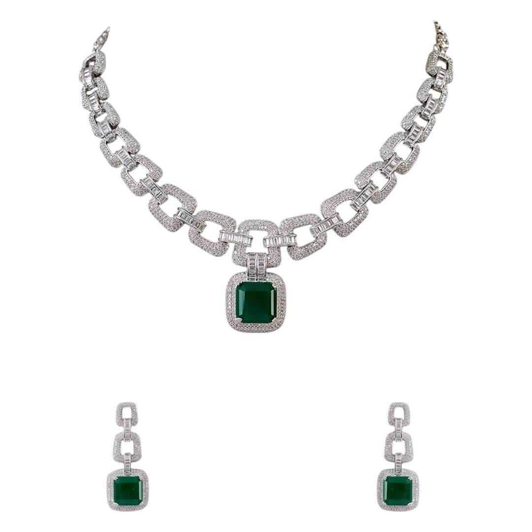 Luxury Emerald Green & Diamond Link Chain Necklace and Earrings Set - Auraa Trends