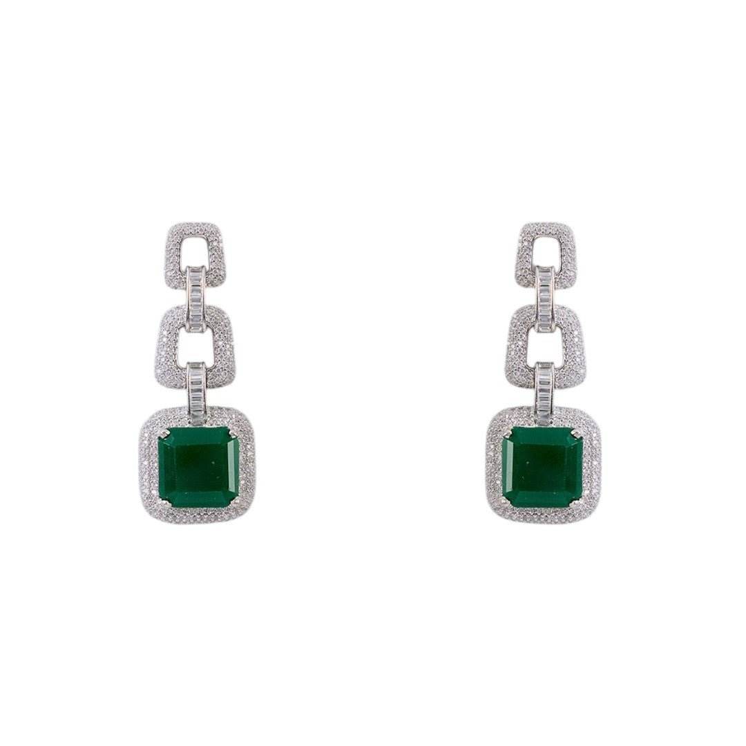 Luxury Emerald Green & Diamond Link Chain Necklace and Earrings Set - Auraa Trends