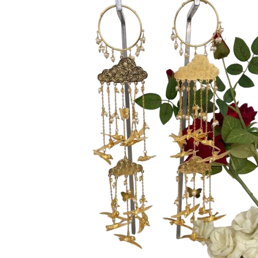 Luxury Gold - Plated Cloud & Bird Kaleere with Pearl Drops - Auraa Trends - Kaleere - - Auraa Trends - "Gold - plated bridal kaleere with cloud motif, flying bird charms, butterfly accents, and pearl danglings – handcrafted traditional Indian wedding jewellery."