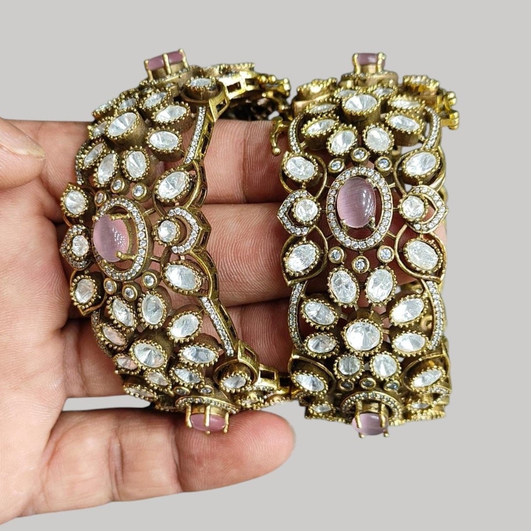 Luxury Gold - Plated Kundan Bangles with Pink Stone & White Polki Crystals - Auraa Trends - Bangles - - Auraa Trends - "Luxury gold - plated kundan bangles with pink gemstone and white polki stones – traditional bridal jewelry set"